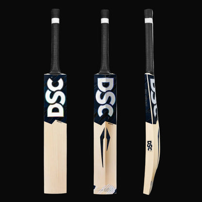 Three cricket bats with DSC branding on a white background